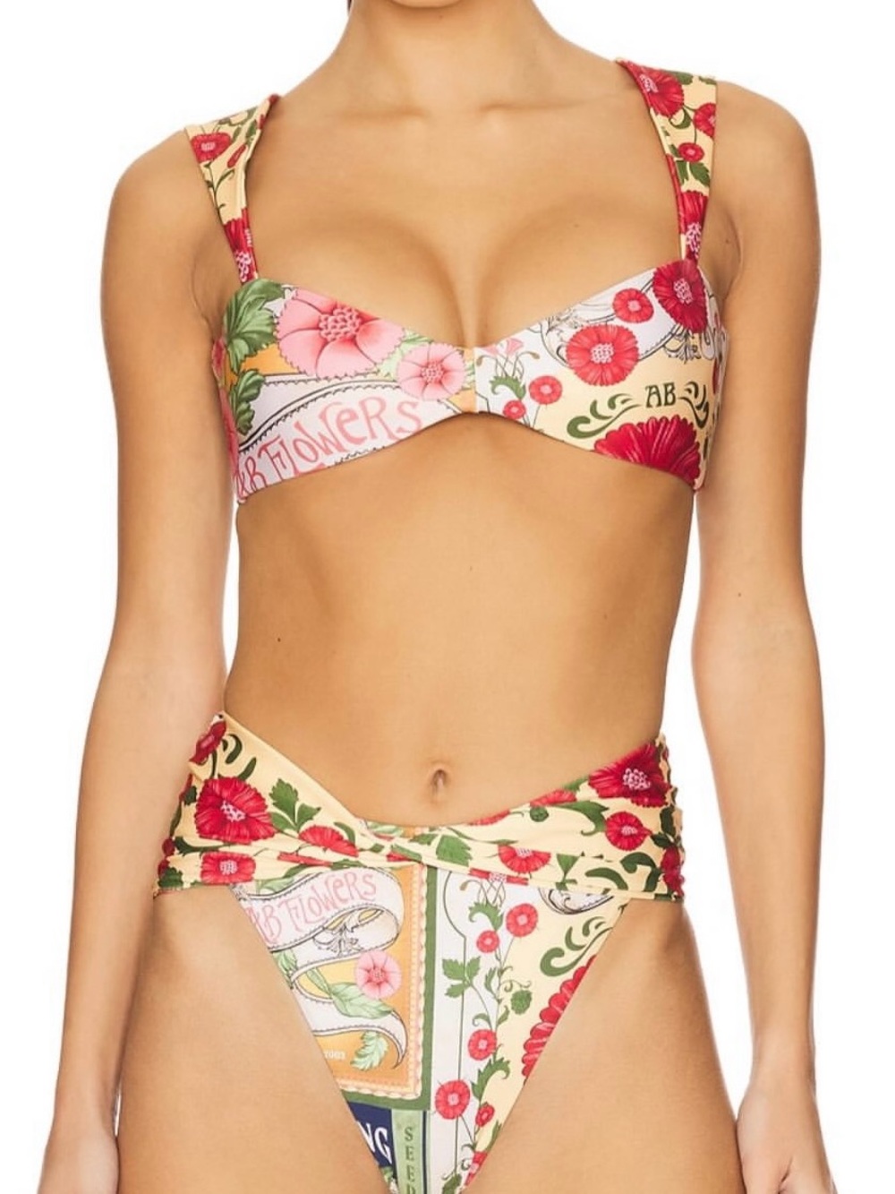 Agua Bendita Cream Bikini with Red & Green Floral Print